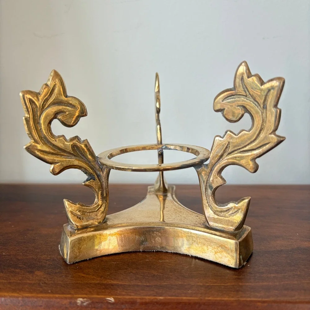 Vintage Ornate Brass Acanthus Leaf Orb Egg Display Stand Set of 2 Gold Tripod